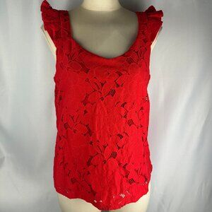 Monteau Los Angeles Red Floral Overlay V Neck Ruffled Top Tank